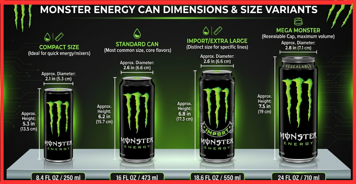 Monster Can DimensionsStandard Can 6.2 in (15.7 cm) 2.6 in (6.6 cm) 16 fl oz (473 mL) Mega Monster 6.8 in (17.3 cm) 2.8 in (7.1 cm) 24 fl oz (710 mL) Slim Can 5.3 in (13.5 cm) 2.1 in (5.3 cm) 12 fl oz (355 mL) Mini Can 4.8 in (12.2 cm) 2.1 in (5.3 cm) 8 fl oz (237 mL